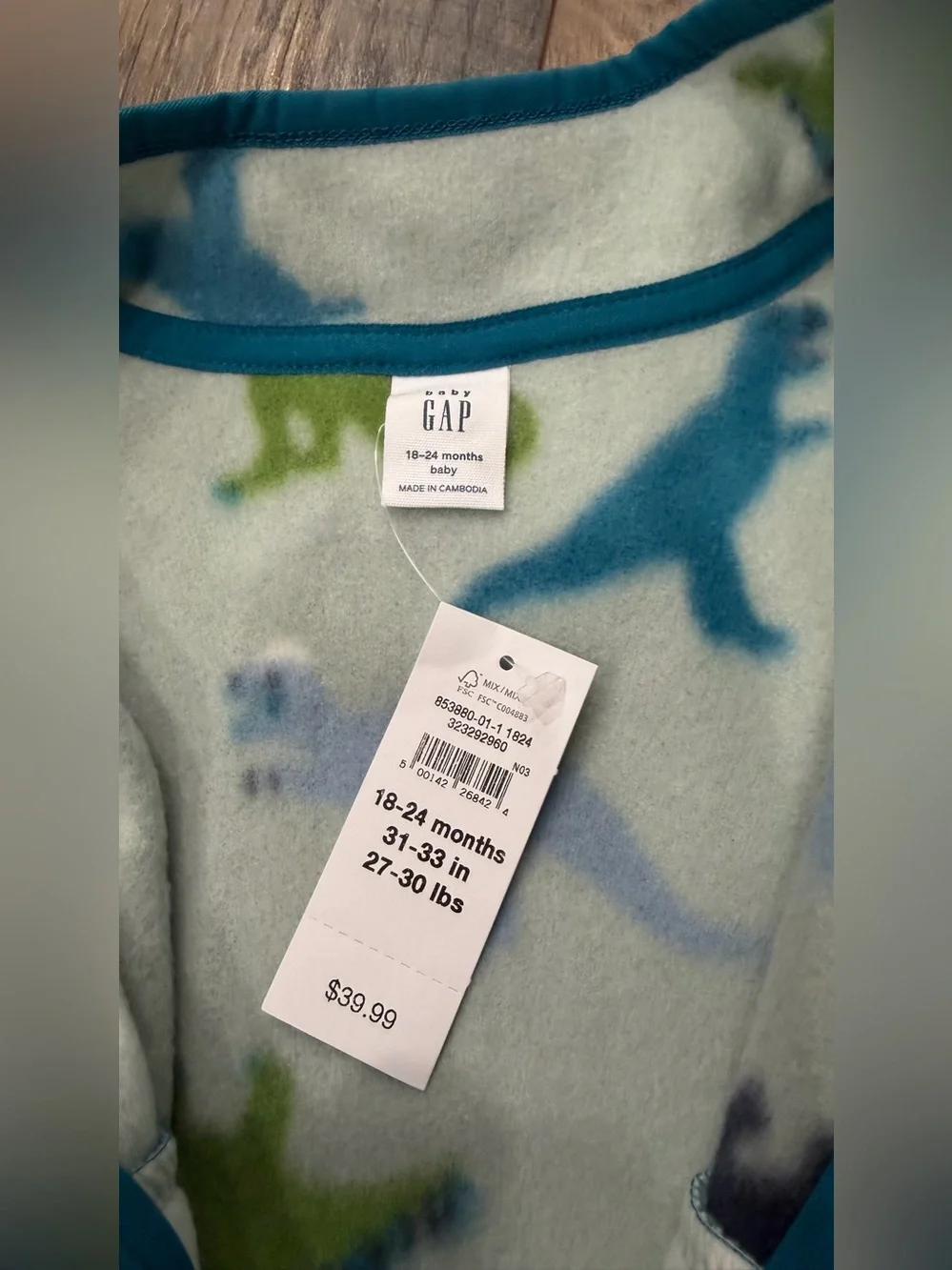 Baby Gap Boy's Dinosaur Zip Up Fleece Jacket,  Size 18-24 Months, Blue, NEW